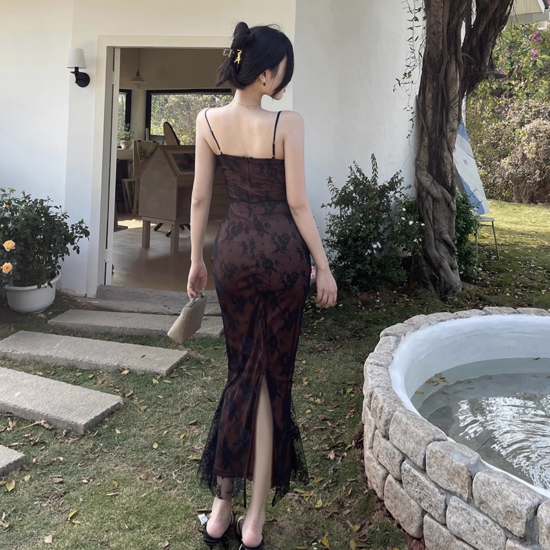 Sexy Black Lace Suspender Holiday Dress Sheath Mermaid Long Birthday Dress YM2258