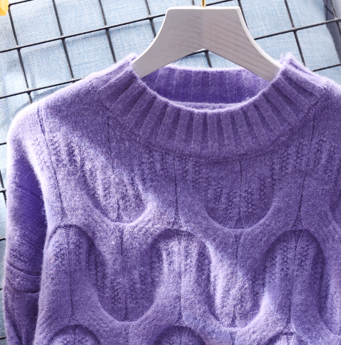 Purple Cable Knitted Round Neck Pullover Thickened Sweater YM2374