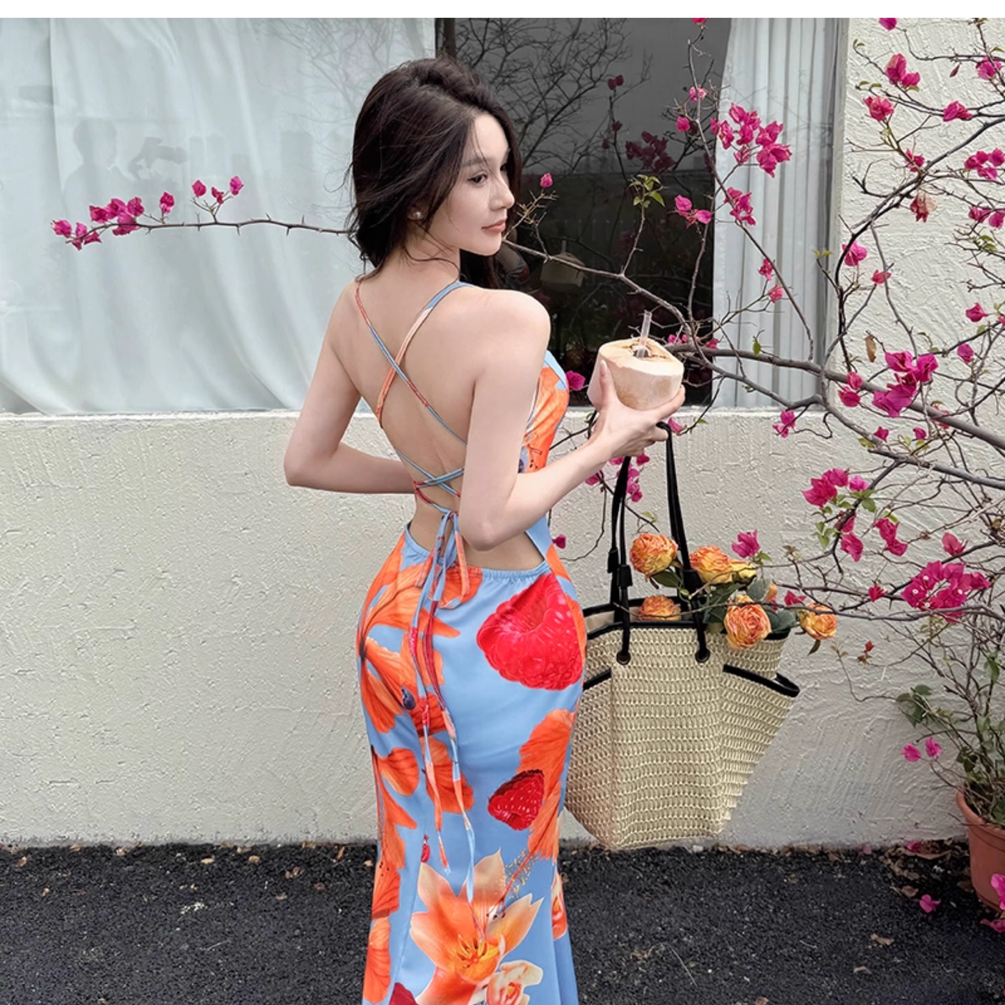 Island Vacation Dress Printed Suspender Beach Dress Sexy Backless Strap Sheath Long Dress YM2255