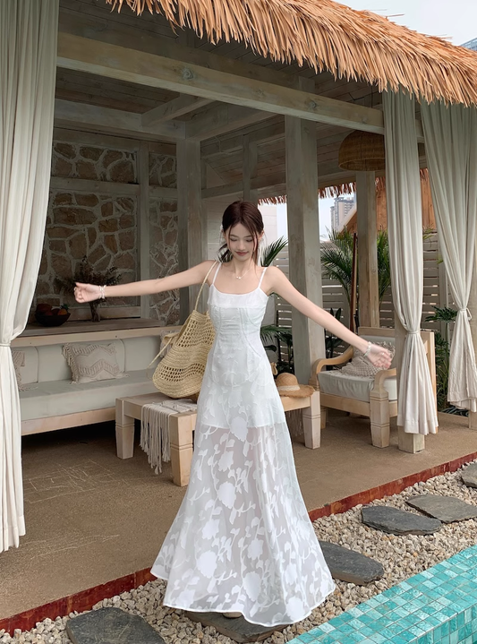 Jacquard Suspender Dress Summer White Seaside Holiday Dress YM2113