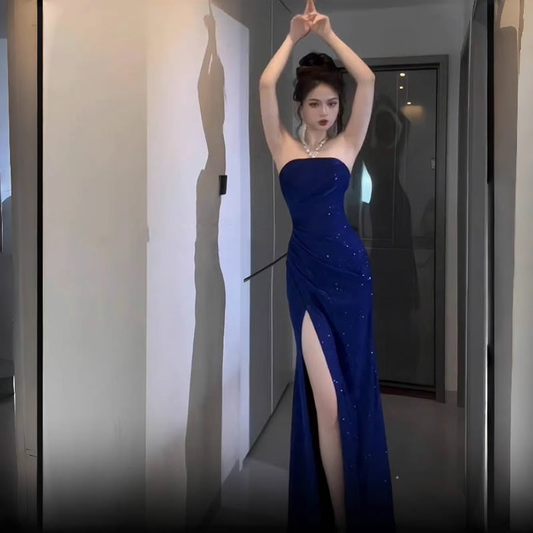 Sparkly Blue Strapless High Slit Long Party Dress Birthday Dress YM2207