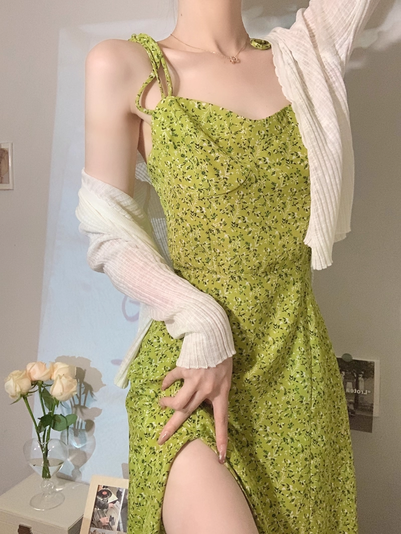 Green Suspender Holiday Dress Women's Summer New Seaside Floral Slit Vacation Dress YM2322