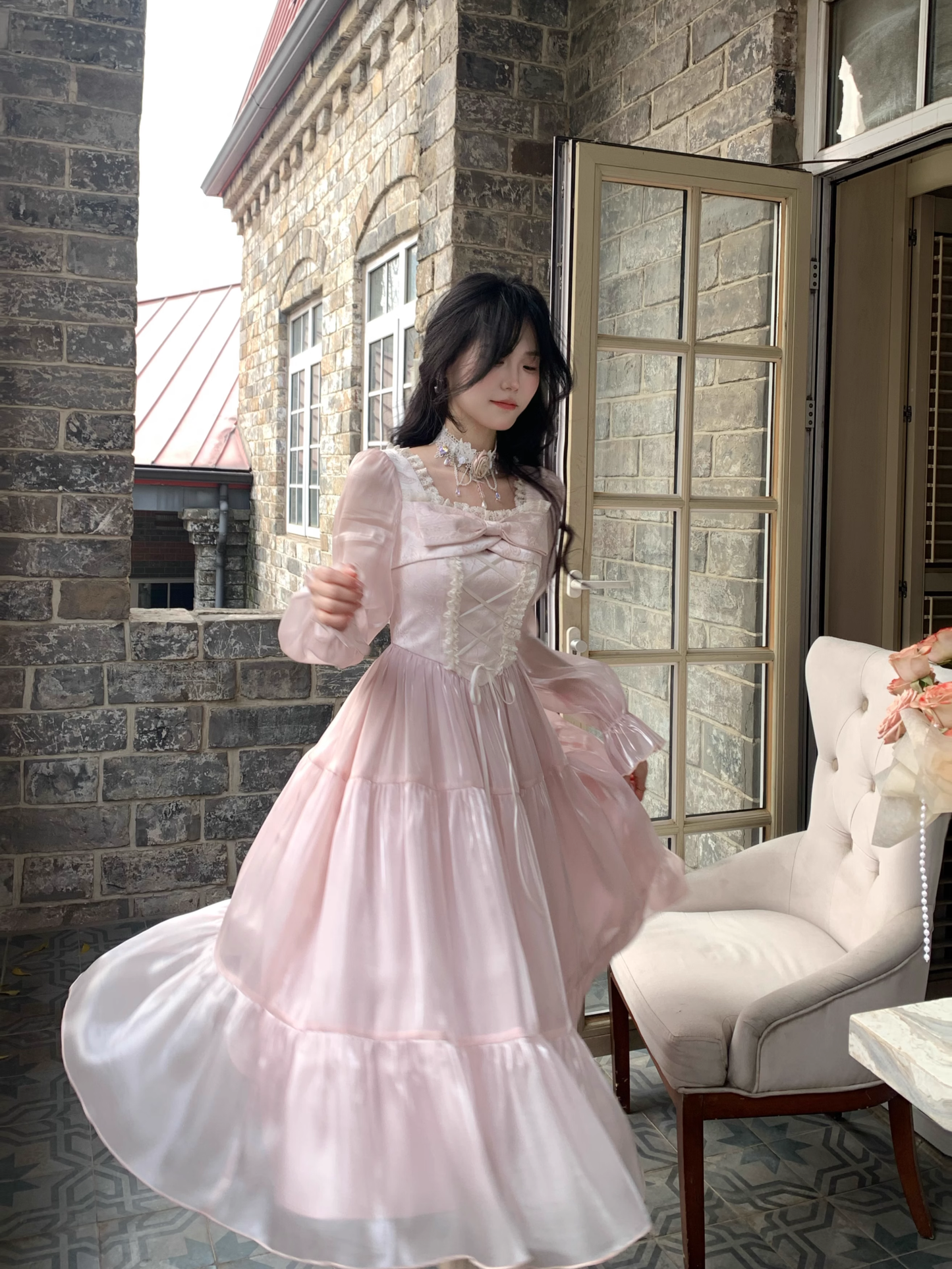 Pink French Square Neck Long Dress Fairy Glossy Party Dress Prom Dress YM2027