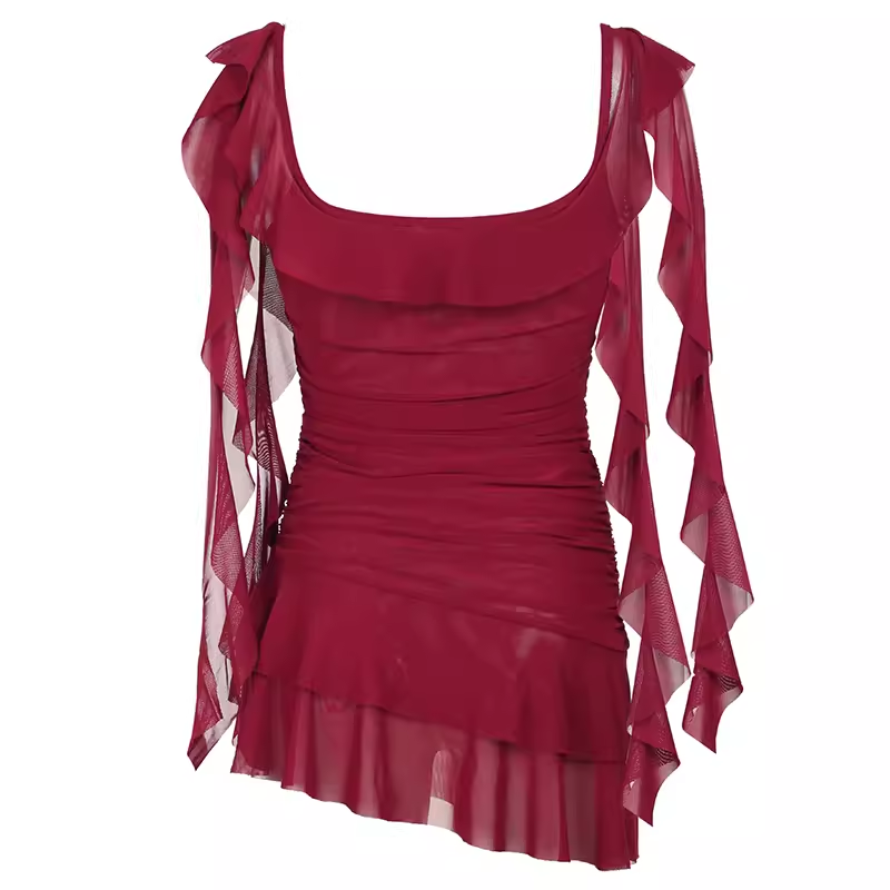 Red ribbon ruffle pleated suspender skirt square neck sexy dress YM1315