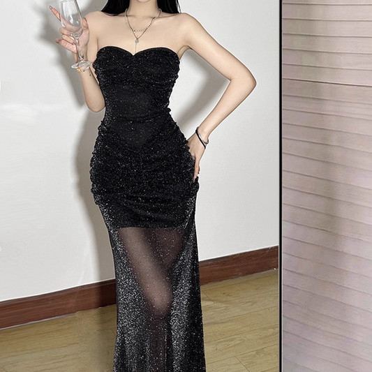 Glitter Black Sweetheart Neck Long Party Dress Vacation Dress YM2201