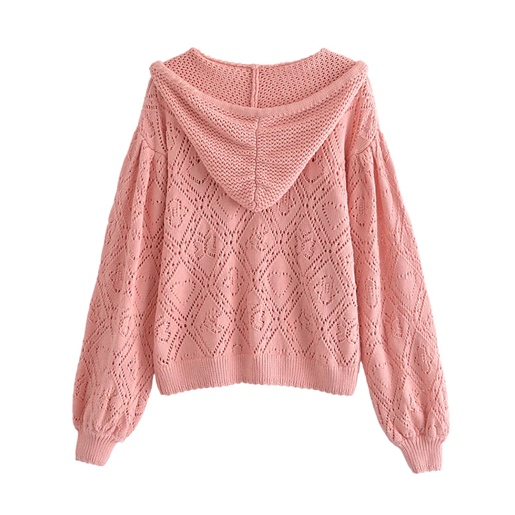 Hollow out design Pink Knitted Hooded Sweater, YM257