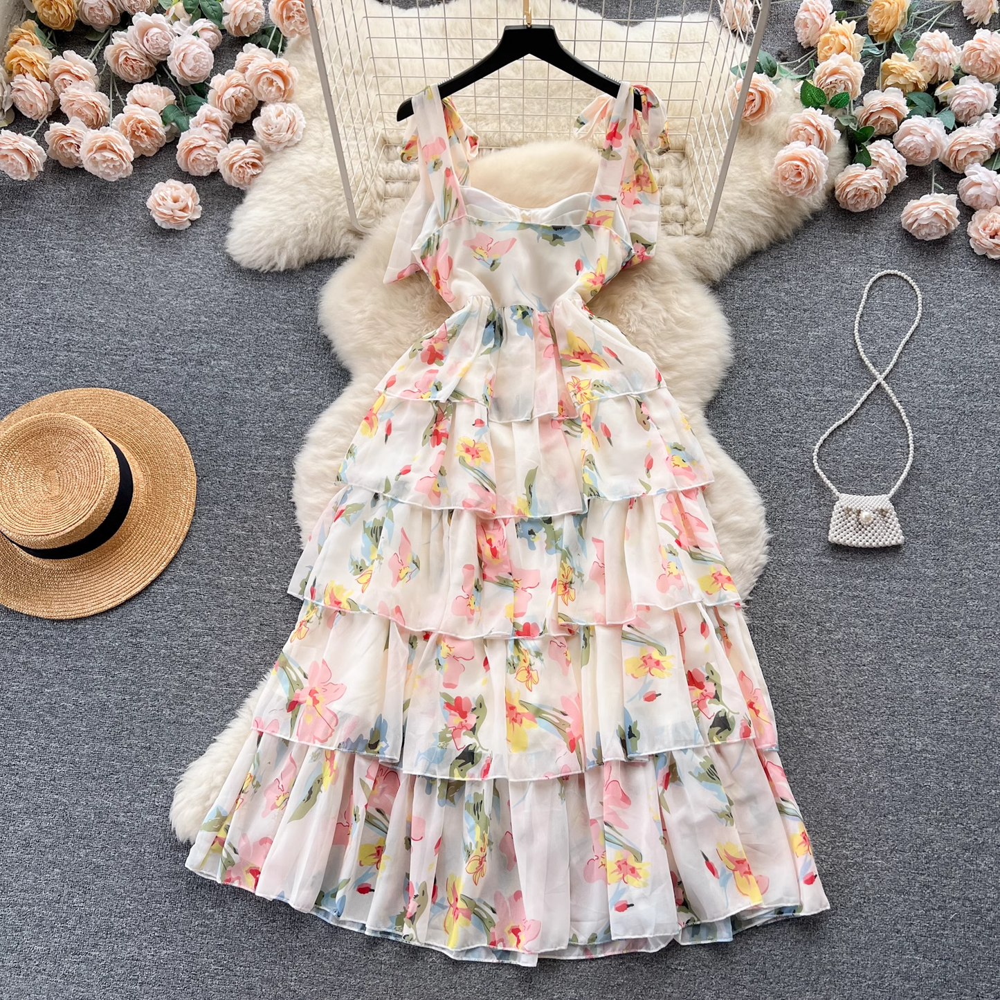 Women's suspender floral dress summer chiffon dress YM506