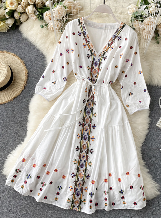 A Line V Neck Embroidery Summer Dress YM442