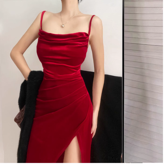 Elegant Red Spaghetti Straps Velvet Slit Party Dress Birthday Dress YM2193
