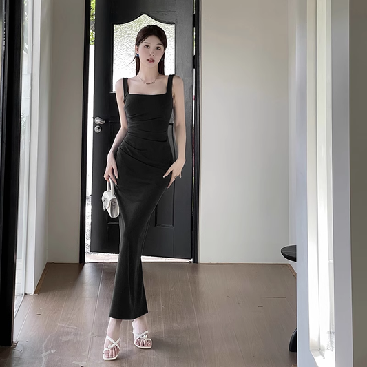 Simple Black Square Neck  Sheath Long Holiday Dress Vacation Dress YM2150