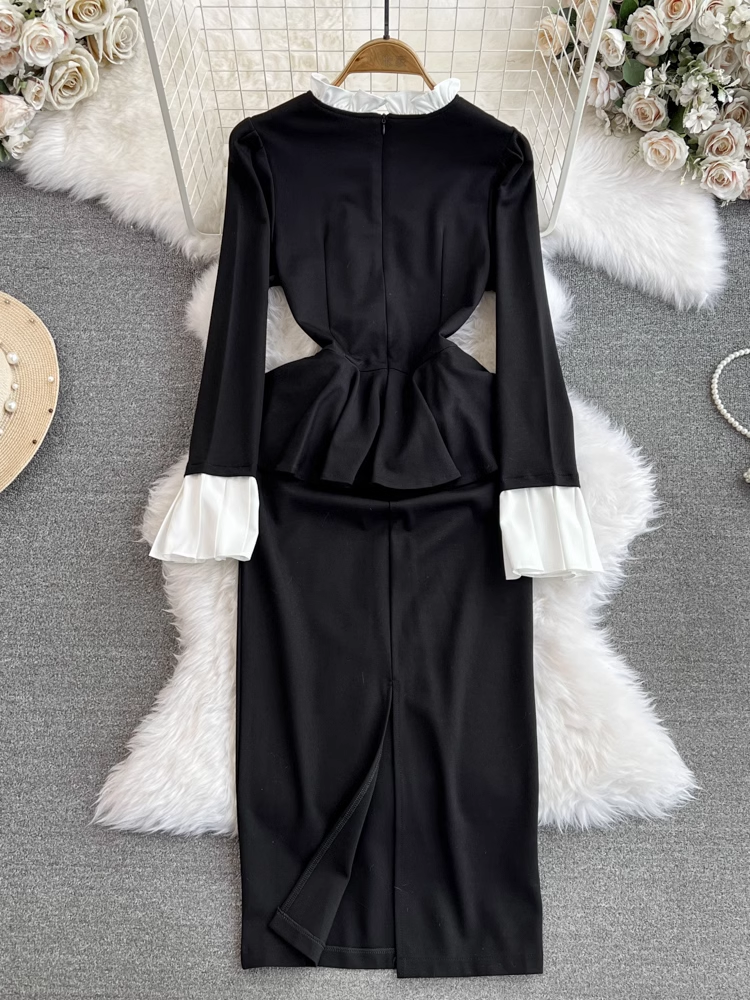 Flared long-sleeve stand-up collar waist bodycon dress YM991