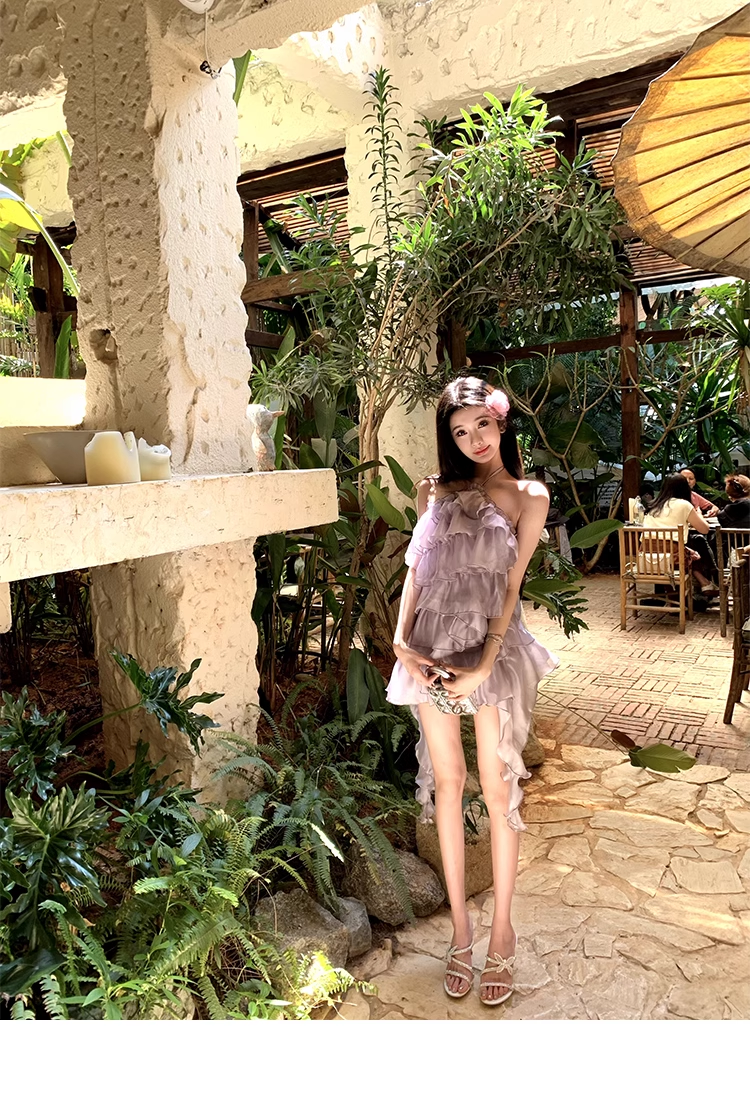 Purple Halter Neck Ruffle Layered Short Party Dress YM2010