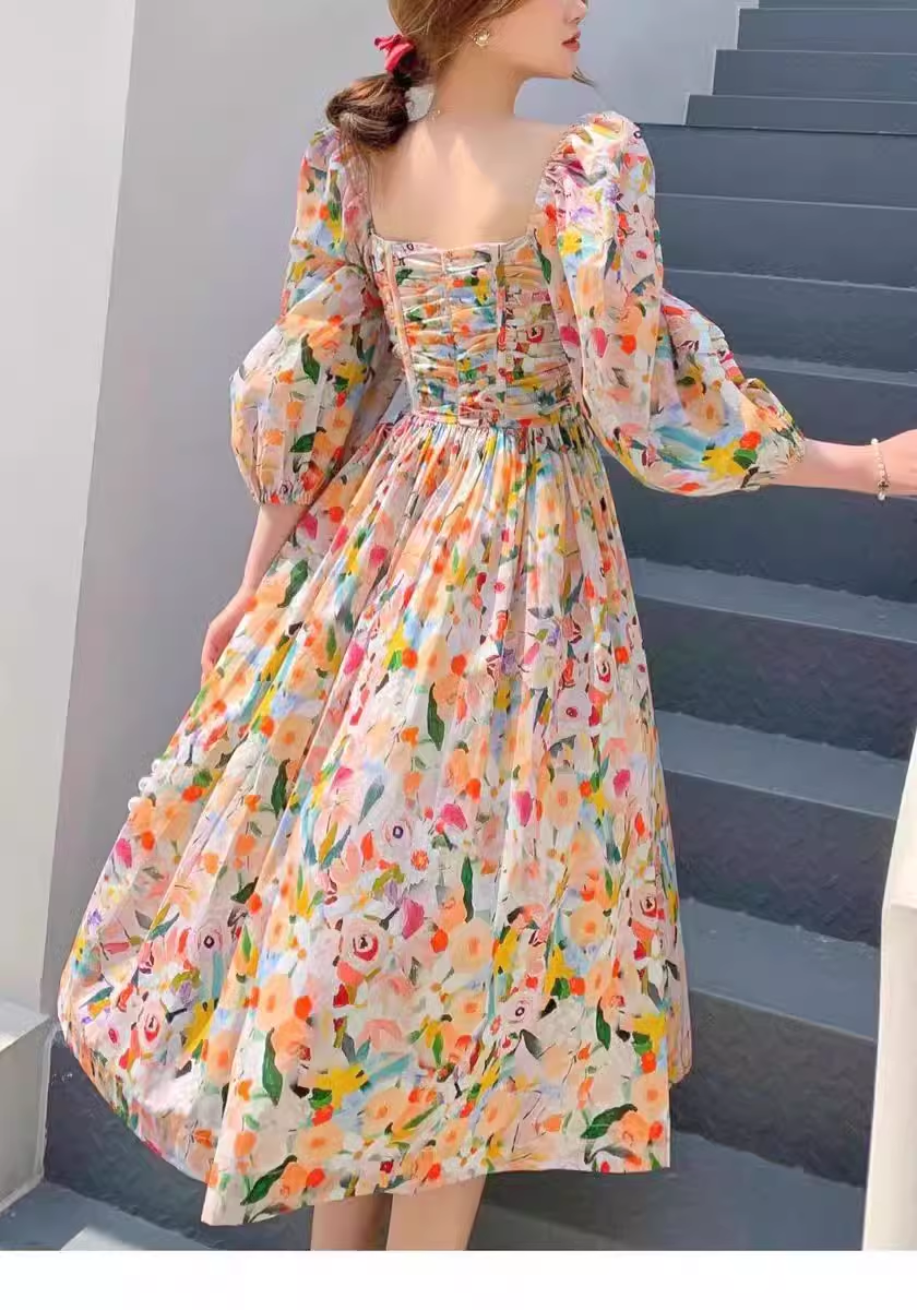 Retro Chic Floral Puff Sleeve Dress for Women Summer YM1133