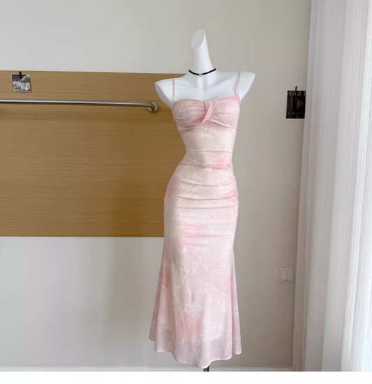 Pink Suspender Dress Beautiful Long Vacation Dress YM2088