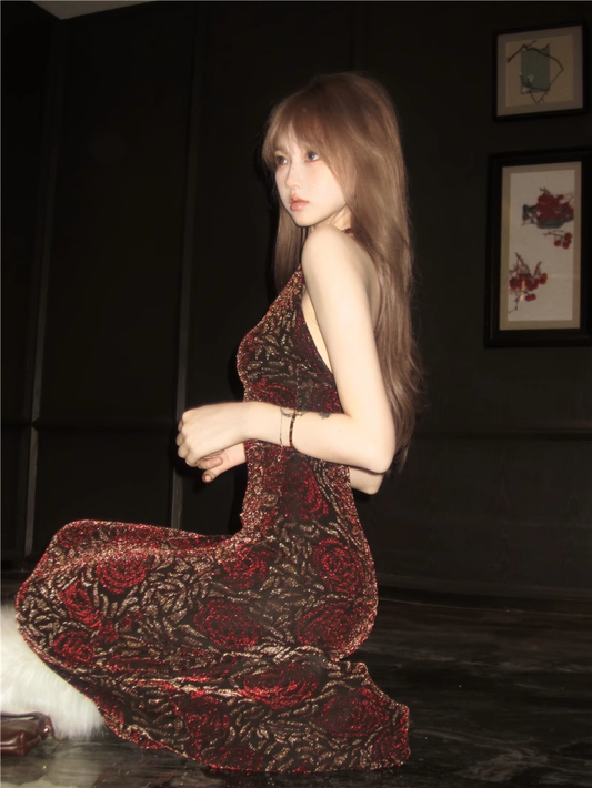 Vintage Rose Velvet Dress Sexy Halter Neck Backless Mermaid Long Party Dress YM1820