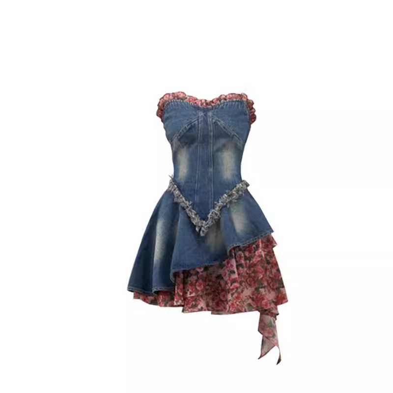 Rose floral bandeau patchwork denim dress YM1311