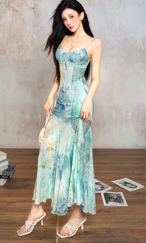 Charming Spaghetti Straps Smudge Dyed Print Mermaid Prom Dress Long Evening Dress YM1992