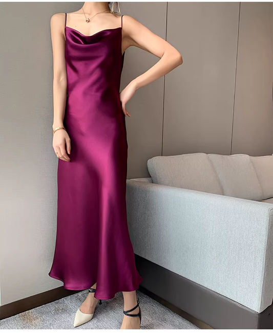 Pretty Purple Spaghetti Straps Satin Long Birthday Party Dress YM2441