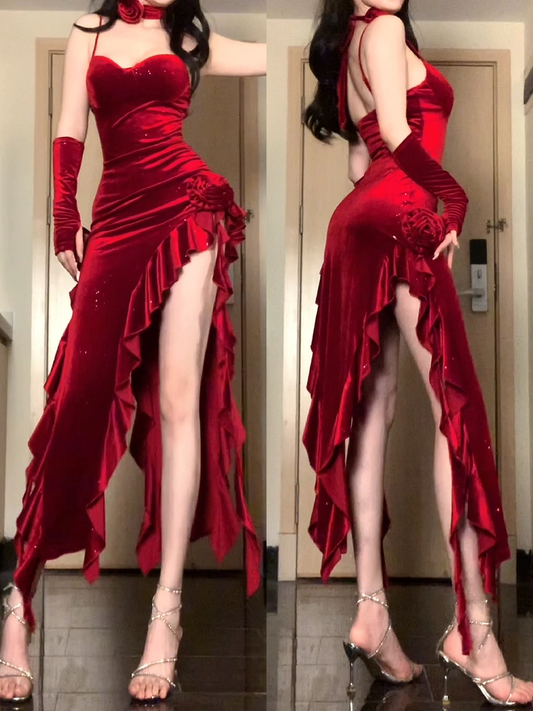 Sexy Spaghetti Straps Red Velvet Ruffle Slit Party Dress Birthday Dress YM2210