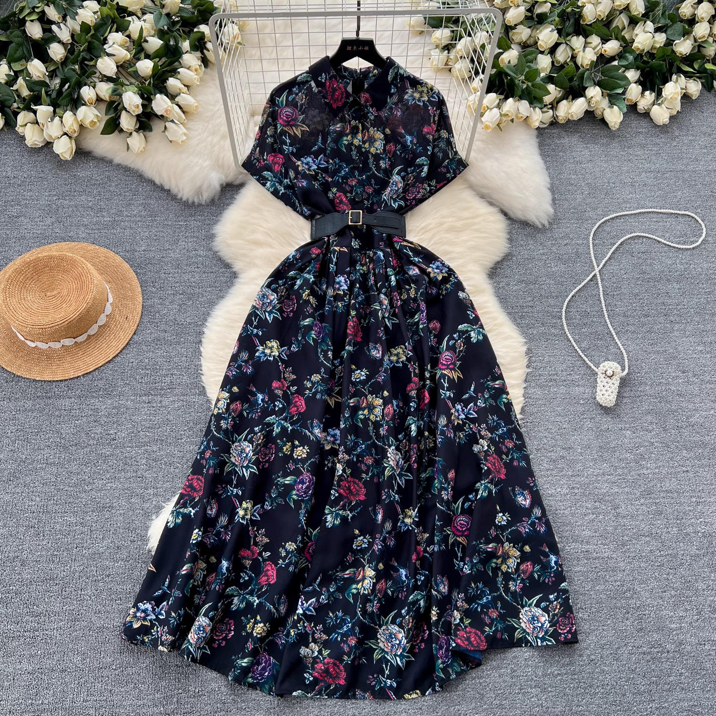 Short sleeve printed vintage chiffon dress YM1093
