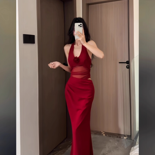 Red Halter Birthday Dress Sexy V Neck Sheath Long Vacation Dress YM2262