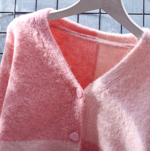 Pink V-neck Contrasting Sweater Jacket Short Women's Knitted Cardigan YM2377