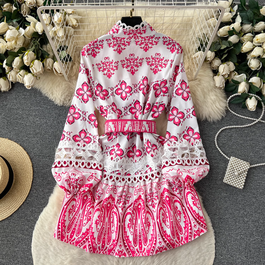 Stand collar printed dress women's retro court style lantern long-sleeved fairy dress YM408