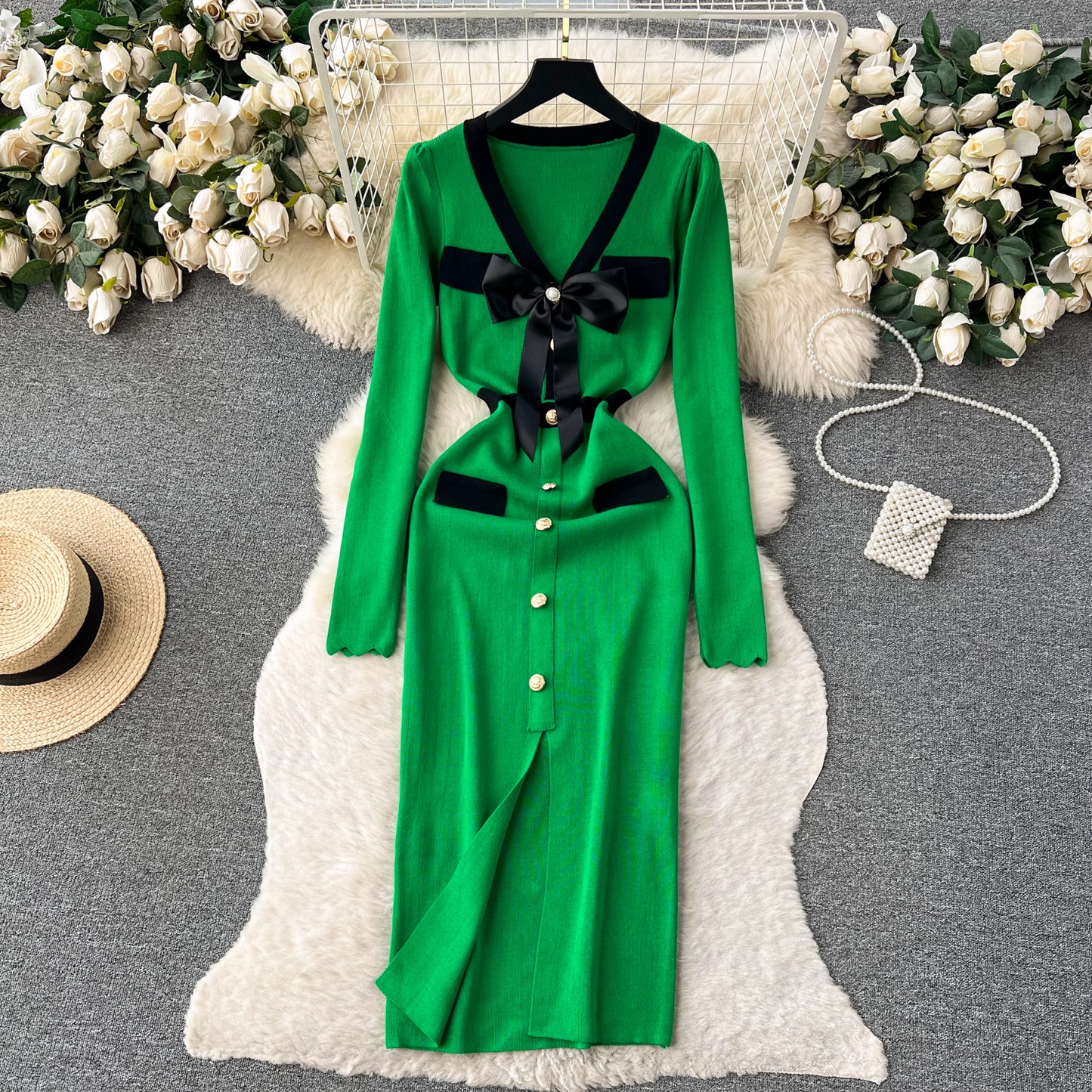 Knitted dress women's autumn and winter bow single-breasted design maxi dress YM508