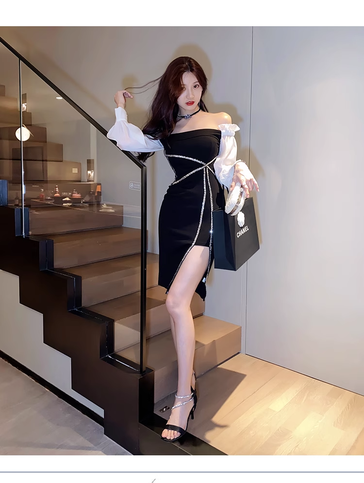 Off The Shoulder Black Short Dress YM1515