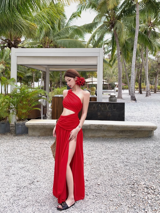 Off-shoulder Sleeveless Red With Hollow Slit A-line  Long Holiday Dress Vacation Dress YM2110