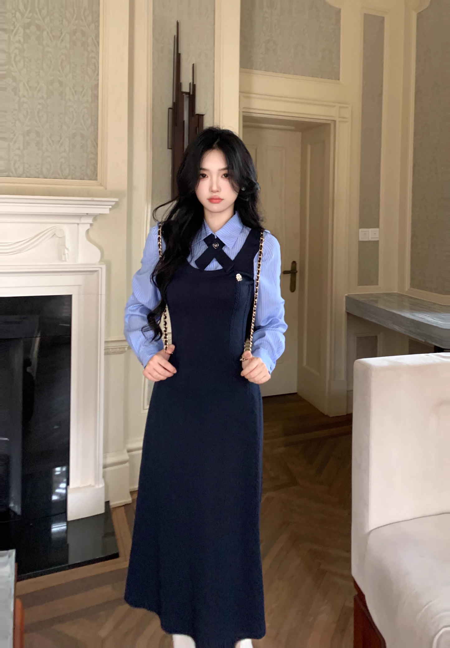 College Style Striped Shirt Fake Two Piece Dress Women's New YM2034