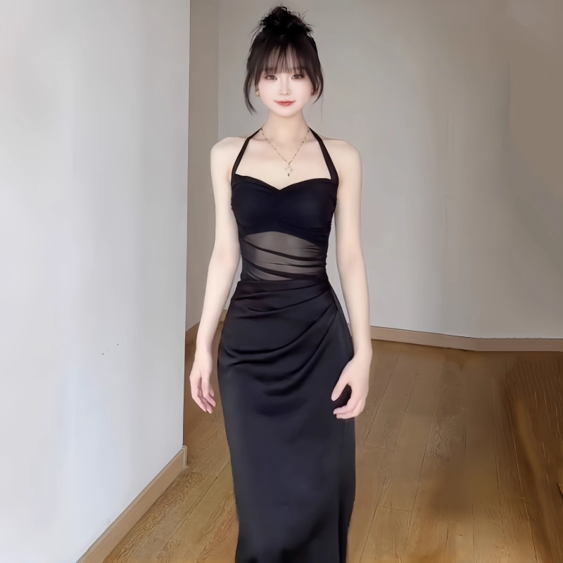 Black Sexy Halter Sheath Long Vacation Dress Holiday Dress YM2206
