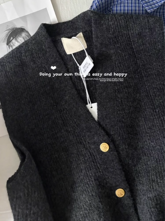 Fashionable Dark Gray Knitted Vest Sweater For Women With Retro Small Gold Buttons YM1839