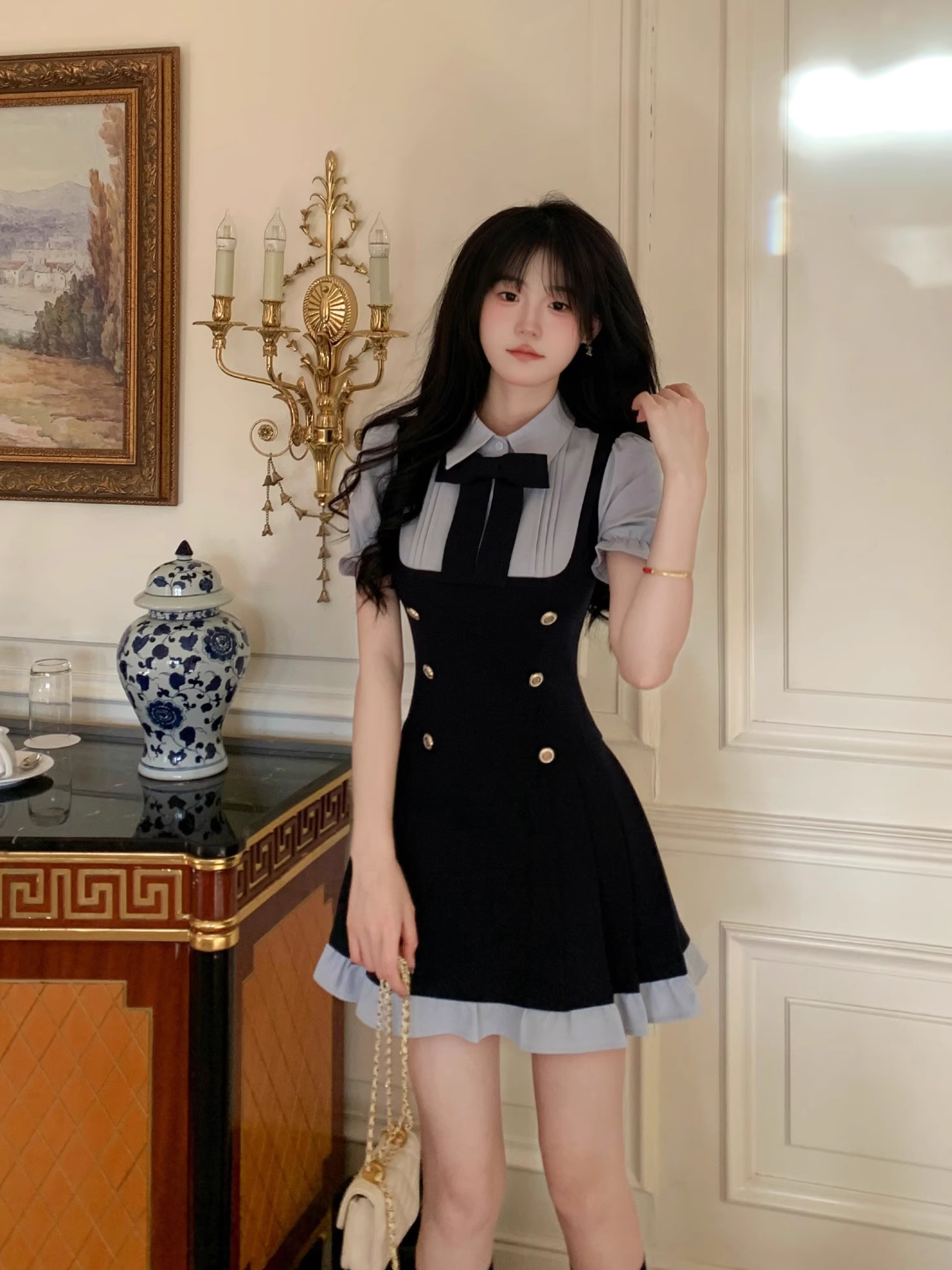 Preppy Style Fake Two-Piece Navy Blue Puff Sleeve Suspender Waist Party Dress YM2039