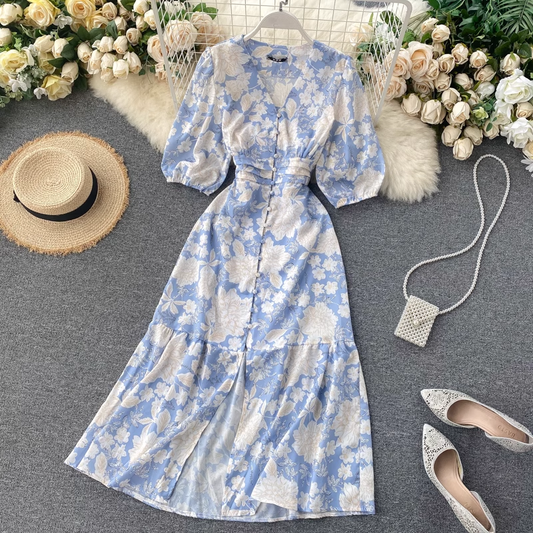 Printed Sexy V-Neck Slit Summer Dress YM1572