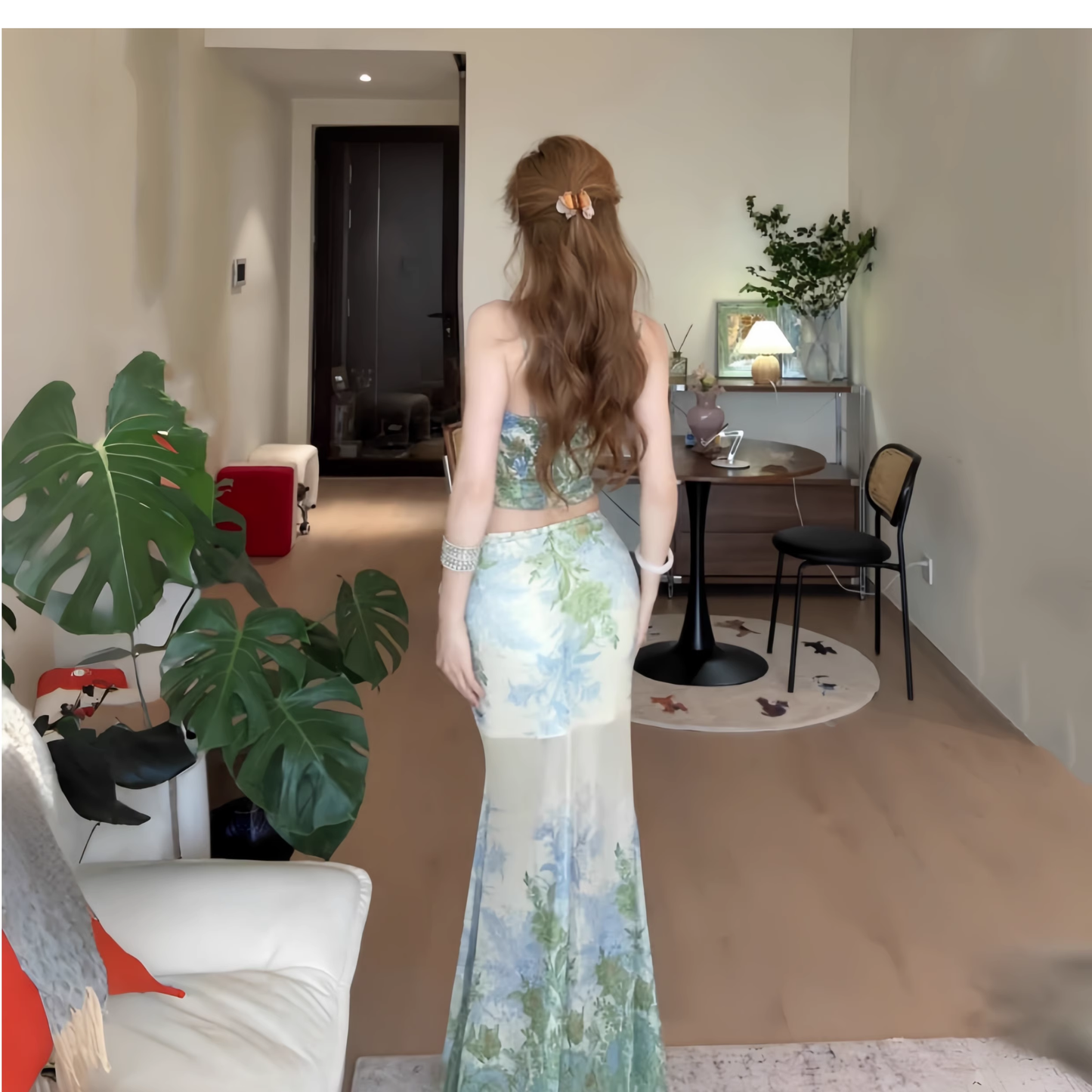 New Green Spaghetti Straps Mermaid Vacation Dress Long Party Dress Two Piece YM2241