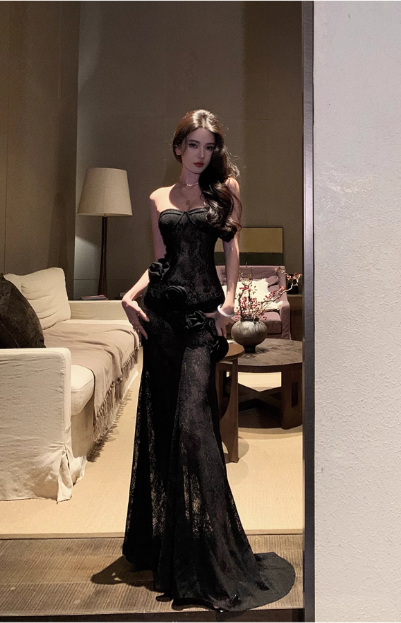 Sexy Floral Lace Strapless Evening Dress Black Long Party Dress YM2174