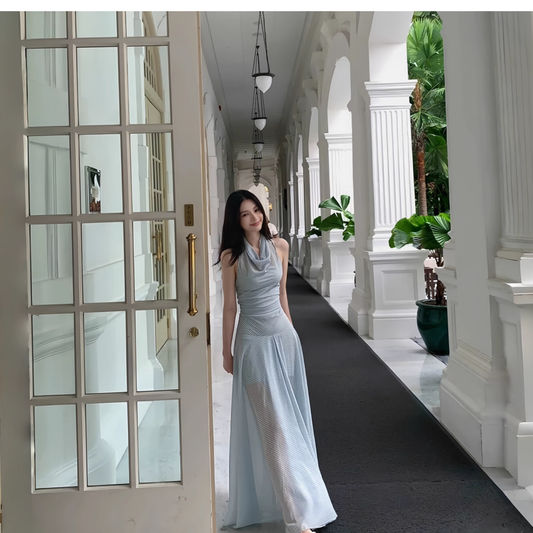 Elegant Blue Off The Shoulder A Line Long Vacation Dress Women Dress YM2204