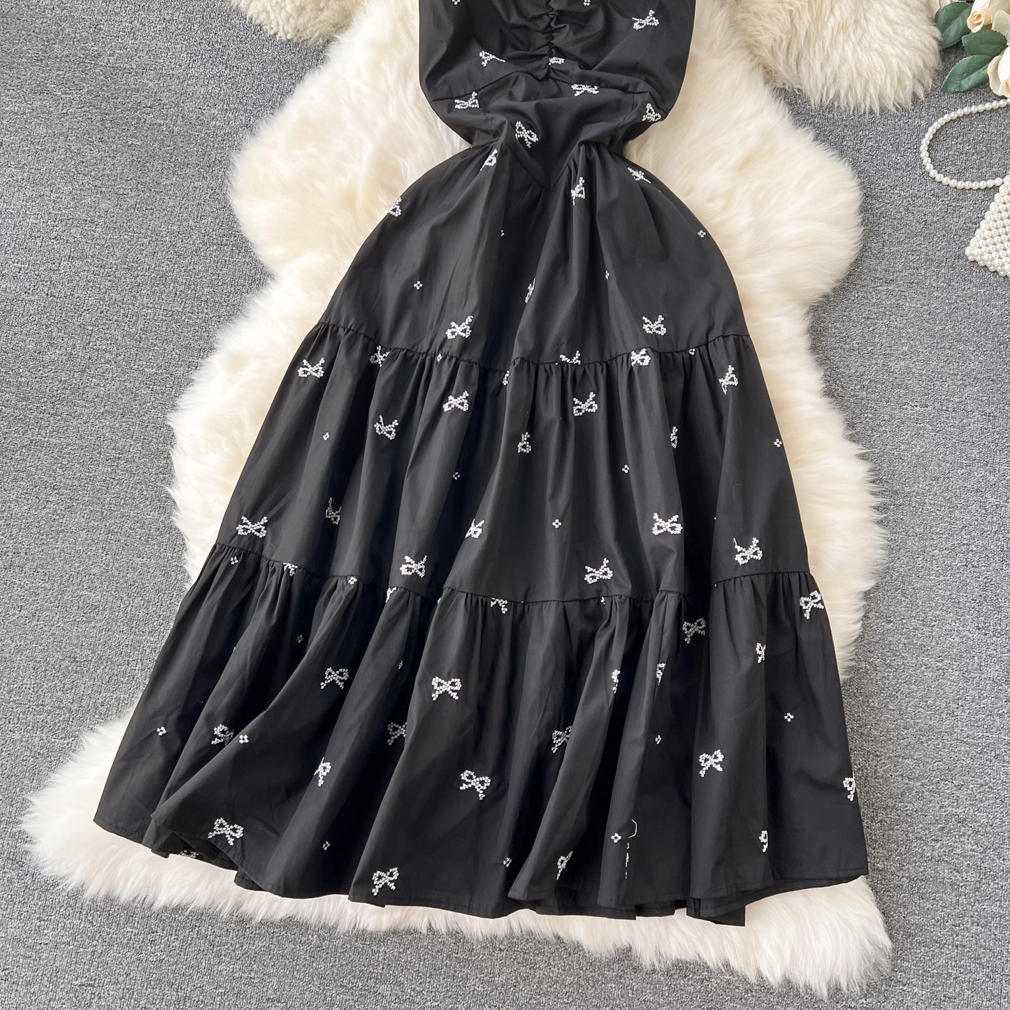 Embroidered bow tie mid-length resort style suspender dress YM1203