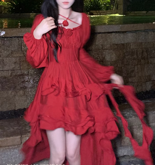 Retro Red Lace-up Irregular High-Low Party Dress,Prom Dress YM2044