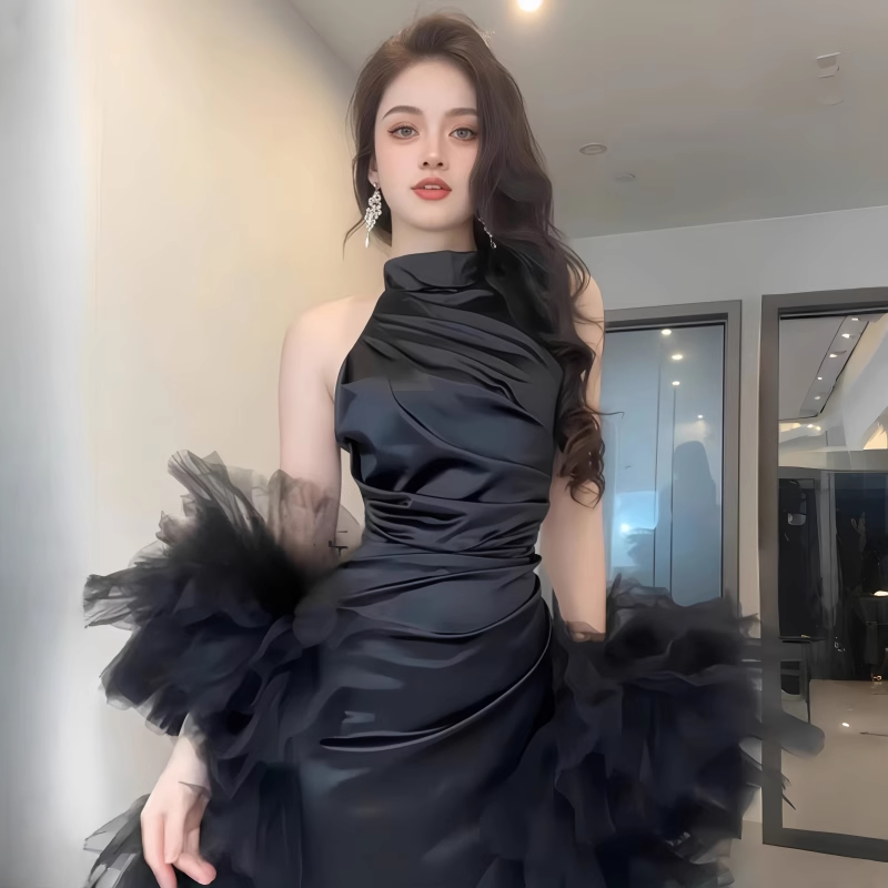 Sexy Black Halter Sleeveless Satin High Slit Long Birthday Party Dress Holiday Dress YM2246