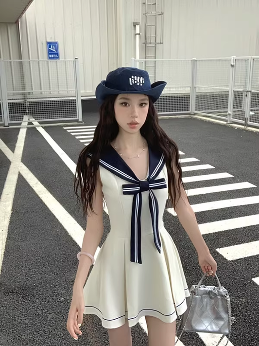 Navy neck dress women's bow pleated A-line dress YM1919