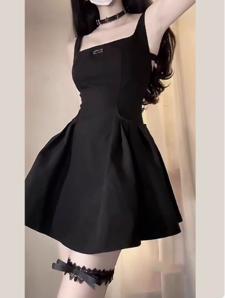 Hepburn Temperament French Little Black Women Dress Square Neck Straps Birthday Dress YM2130