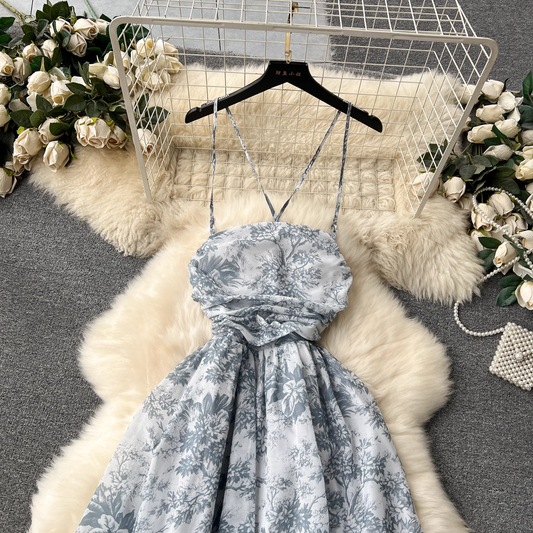 Sexy suspender skirt retro print vacation dress YM1183