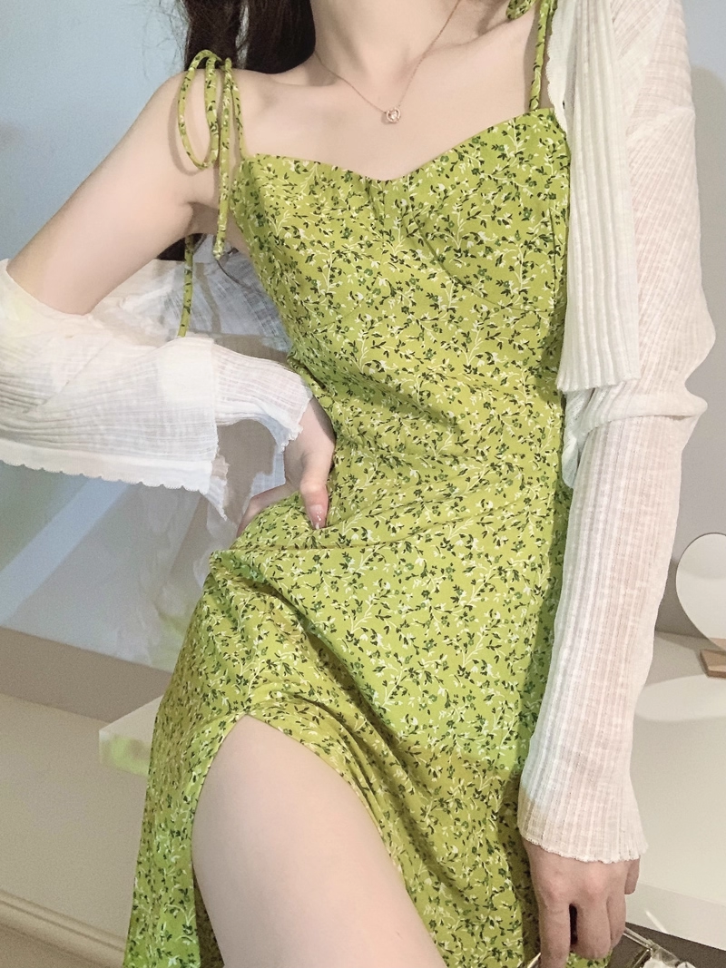 Green Suspender Holiday Dress Women's Summer New Seaside Floral Slit Vacation Dress YM2322