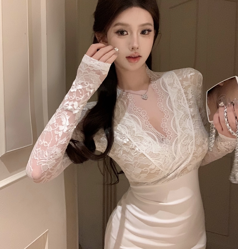 Sexy Black Hip-hugging V-neck Lace Short Dress Birthday Dress YM2334