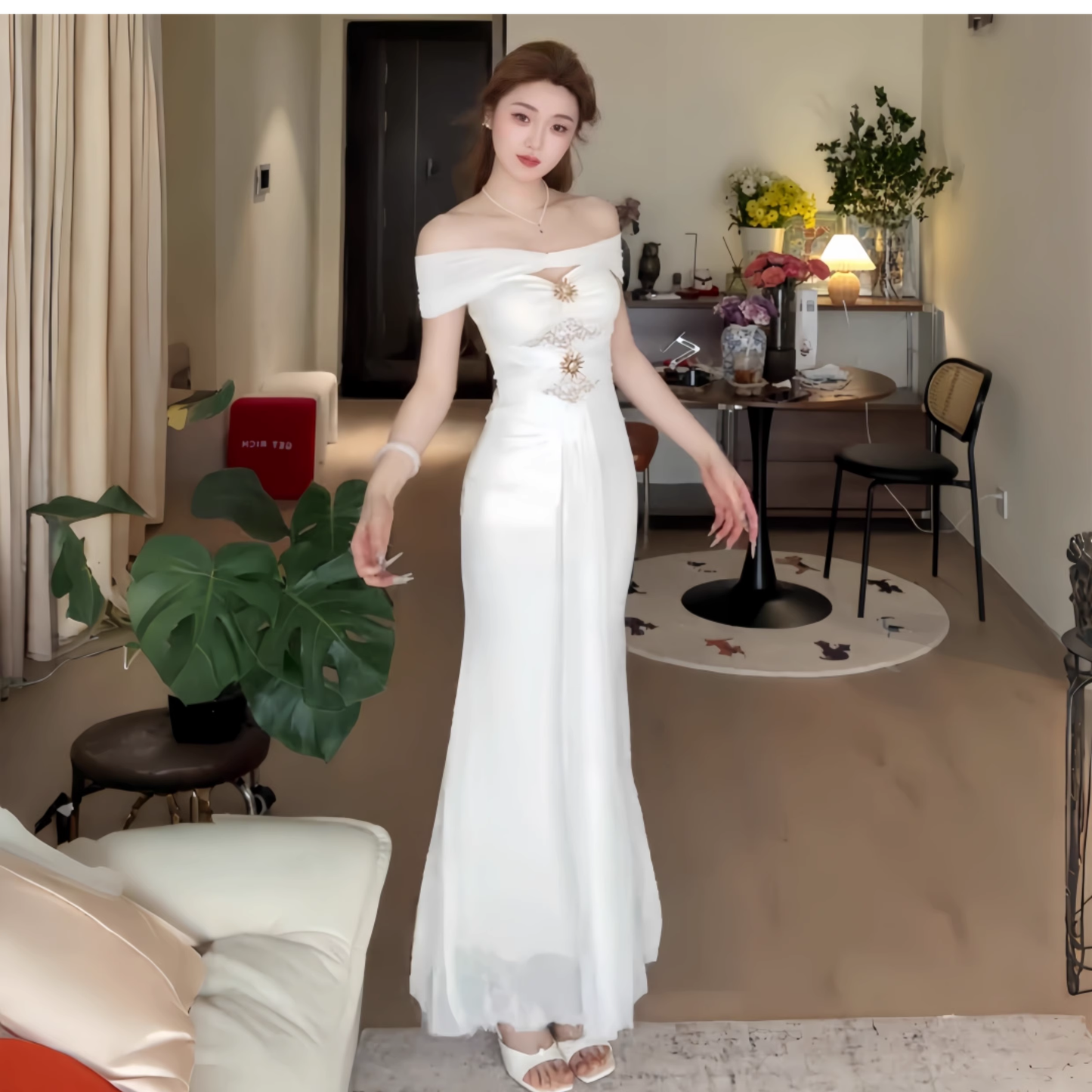 Elegant White Off The Shoulder Long Party Dress Vacation Dress YM2212