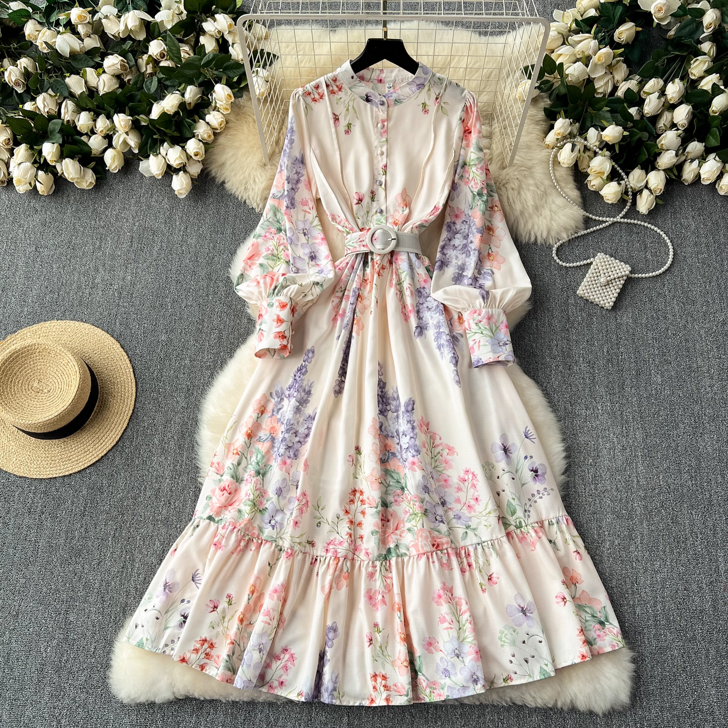 Retro elegant lantern long-sleeved waist printed dress YM1104