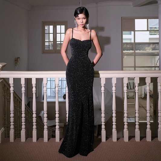 Vintage Black Spaghetti Straps Sheath Long Party Dress Birthday Dress YM2252