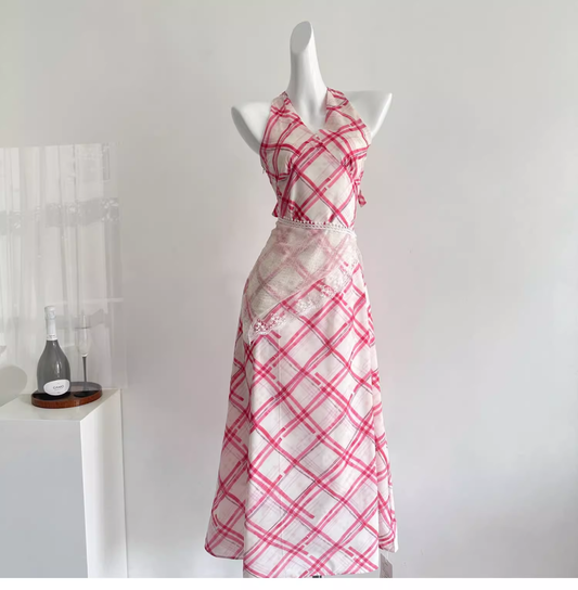 Red White Grid French A Line Vacation Dress Birthday Dress YM2081